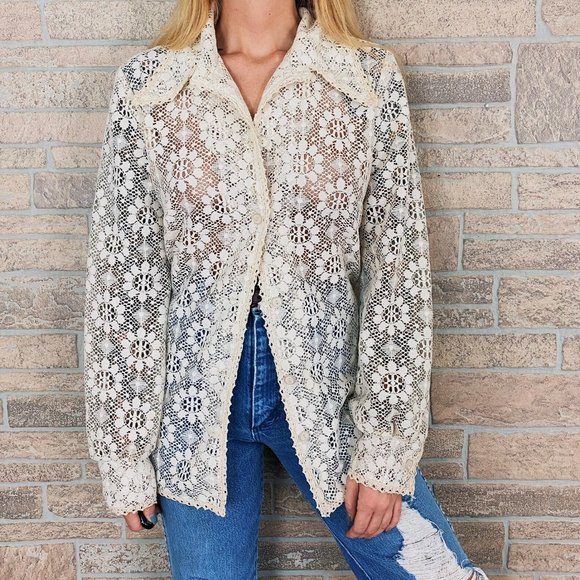 60's Sheer Lace Floral Blouse - Picture 2 of 6